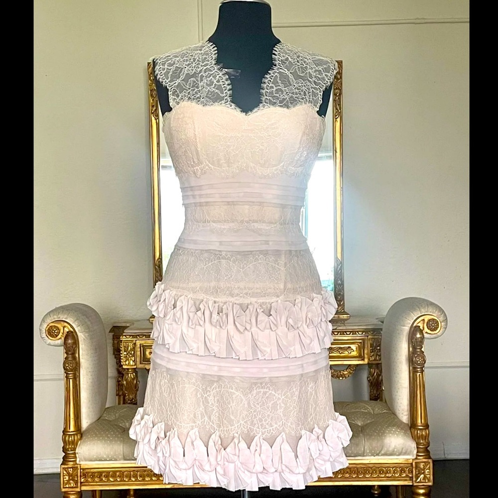 “Sold!BCBG”Bustier Cocktail Bustier Lace  Dress with Chiffon Pleats and Ruffles.
